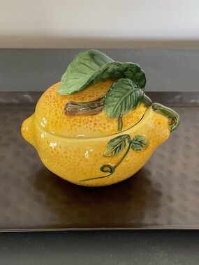 The Lemon Collection Ceramic Sugar Bowl Lemon Shape with a Green Leaf Lid